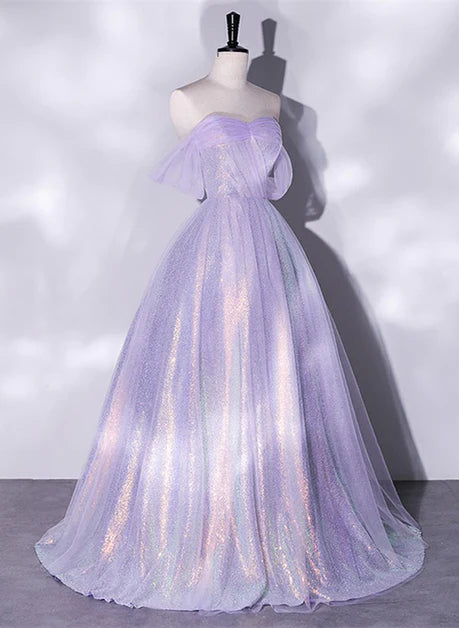 Lavender A-line Tulle and Sequins Prom Dress